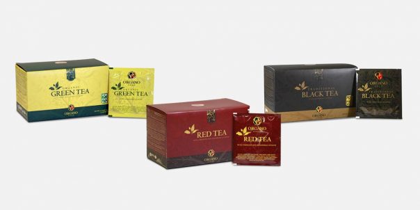 Productos: Té verde, rojo y negro en bolsitas de Organo Gold